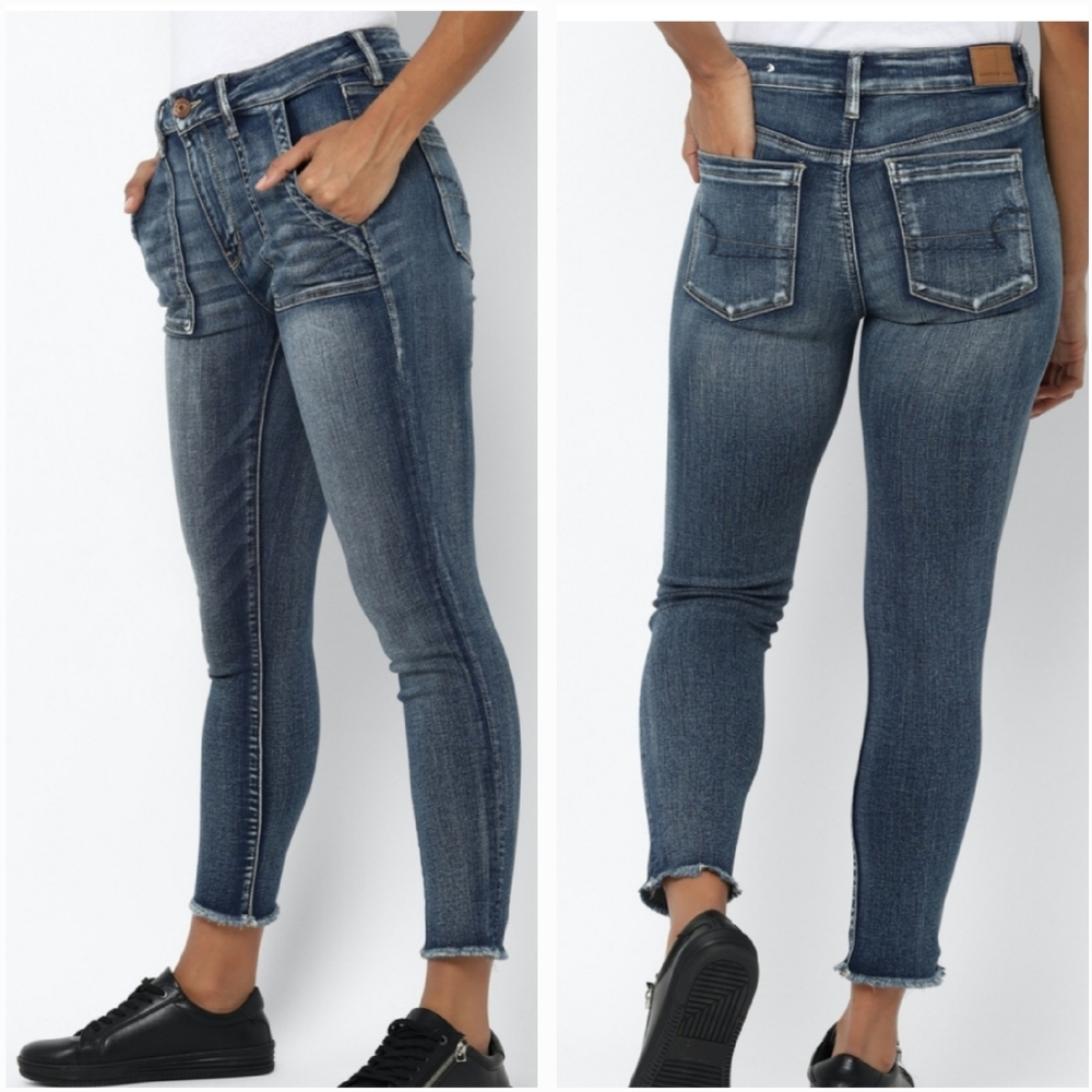 American Eagle High Rise Jeggings Crop Skinny Jeans Frayed Stretchy Dark Size 10 - Picture 1 of 14